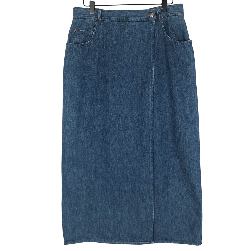 VTG Bushwacker‎ USA Denim Wrap Midi Skirt Sz 14 Medium Wash High Waist Western